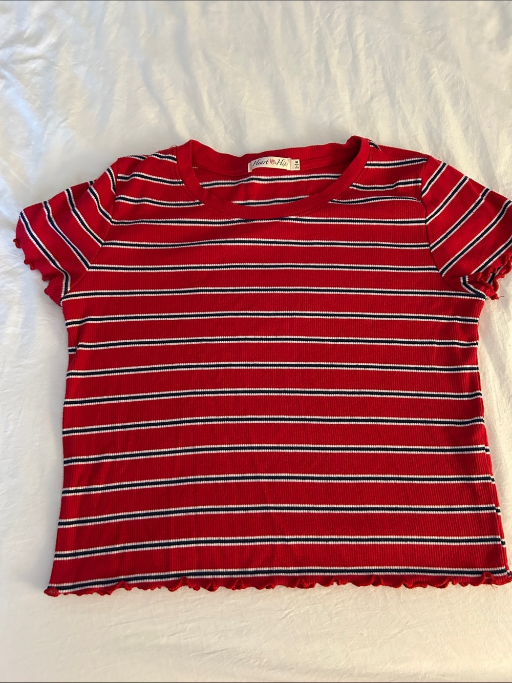Patriotic Heart Hips Red Striped Ribbed Short Sleeve Tee